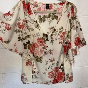 Emery Rose Cream Floral Cold-Shoulder V-Neck Blouse
